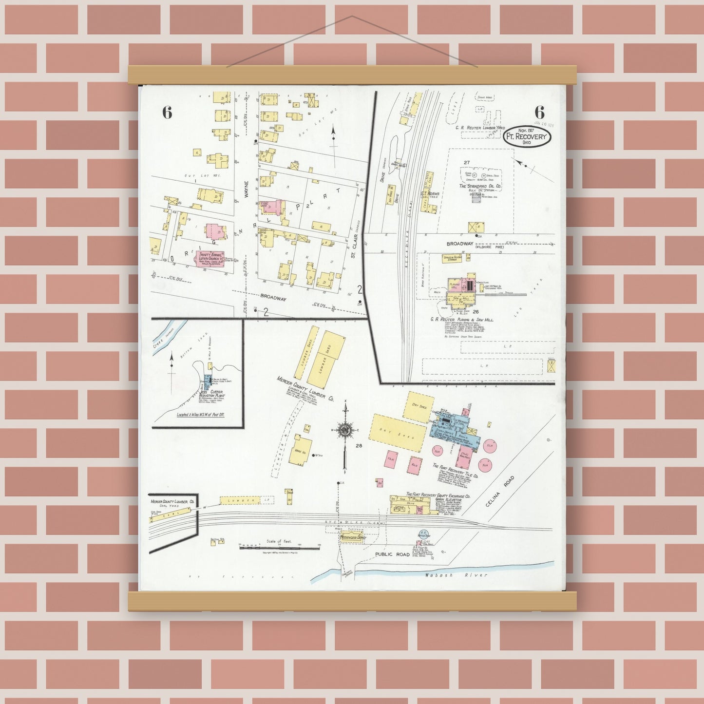 Old map wall art mockup — magnetic wood frame on brick wall — Sanborn Fire Insurance Map from Fort Recovery, Mercer County, Ohio (1927), Sheet #0006