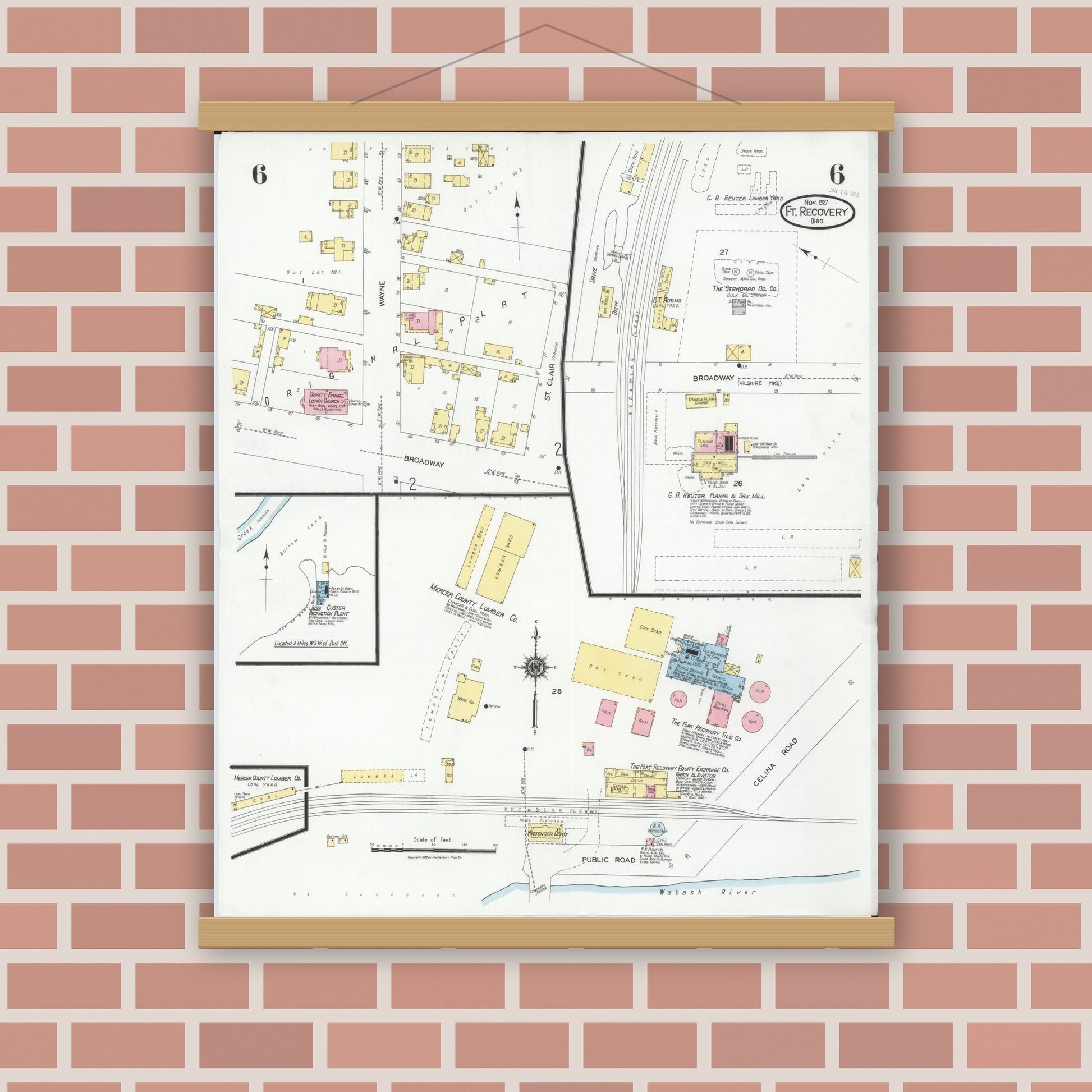 Old map wall art mockup — magnetic wood frame on brick wall — Sanborn Fire Insurance Map from Fort Recovery, Mercer County, Ohio (1927), Sheet #0006