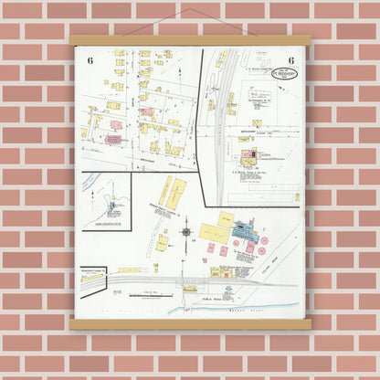 Old map wall art mockup — magnetic wood frame on brick wall — Sanborn Fire Insurance Map from Fort Recovery, Mercer County, Ohio (1927), Sheet #0006