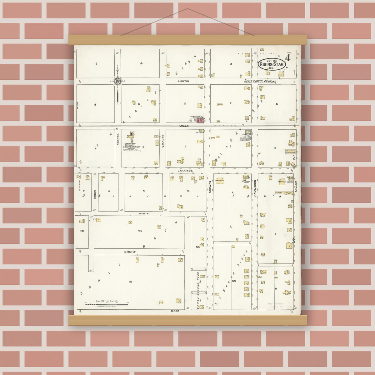 Old map wall art mockup — magnetic wood frame on brick wall — Sanborn Fire Insurance Map from Rising Star, Eastland County, Texas (1921), Sheet #0004