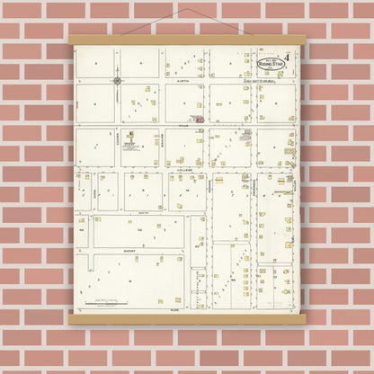 Old map wall art mockup — magnetic wood frame on brick wall — Sanborn Fire Insurance Map from Rising Star, Eastland County, Texas (1921), Sheet #0004