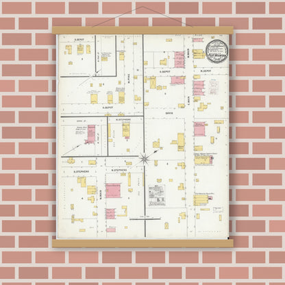 Old map wall art mockup — magnetic wood frame on brick wall — Sanborn Fire Insurance Map from Pilot Mountain, Surry County, North Carolina (1900), Sheet #0001
