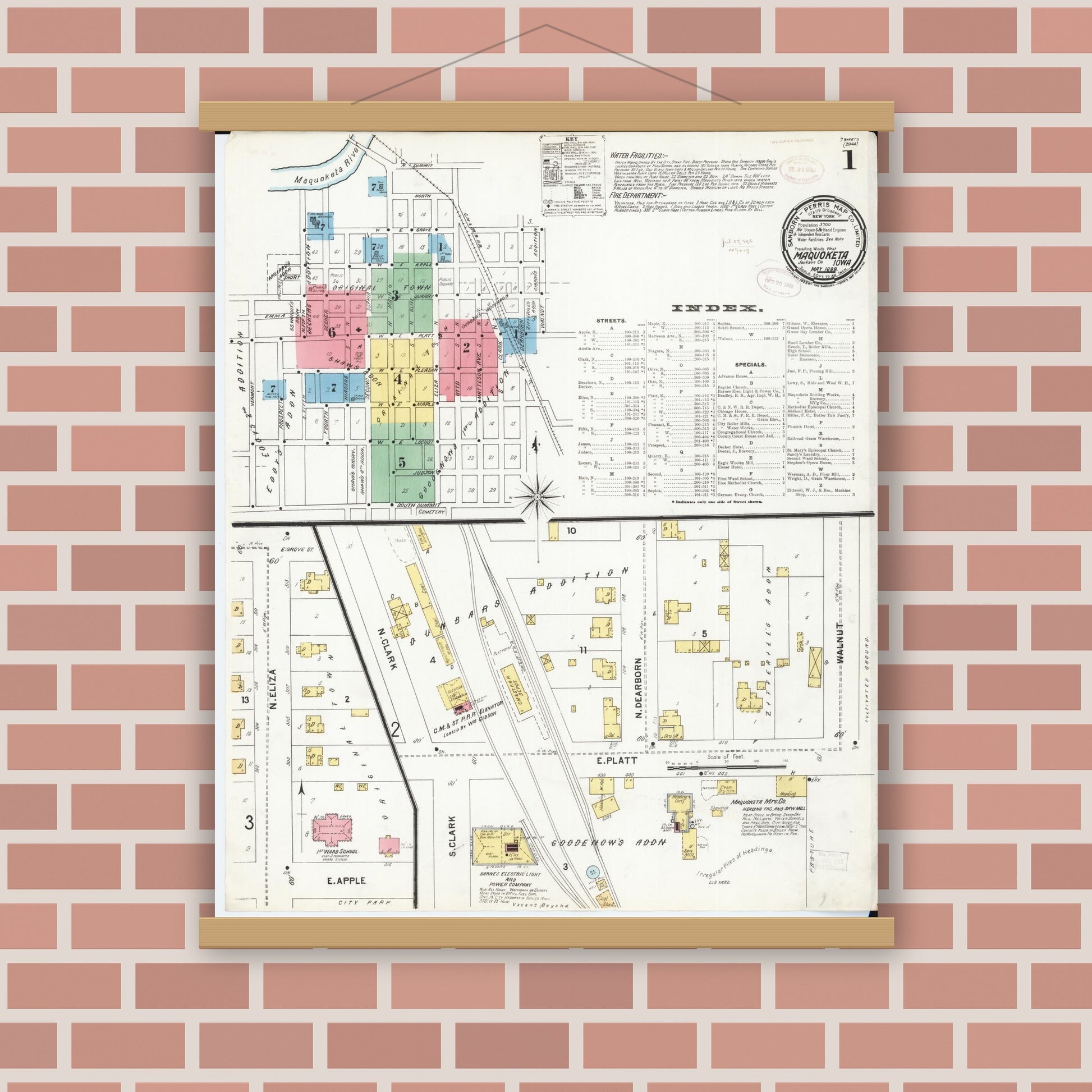 Old map wall art mockup — magnetic wood frame on brick wall — Sanborn Fire Insurance Map from Maquoketa, Jackson County, Iowa (1899), Sheet #0001