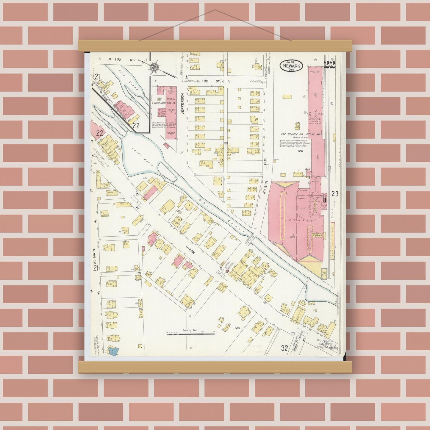 Old map wall art mockup — magnetic wood frame on brick wall — Sanborn Fire Insurance Map from Newark, Licking County, Ohio (1912), Sheet #0022