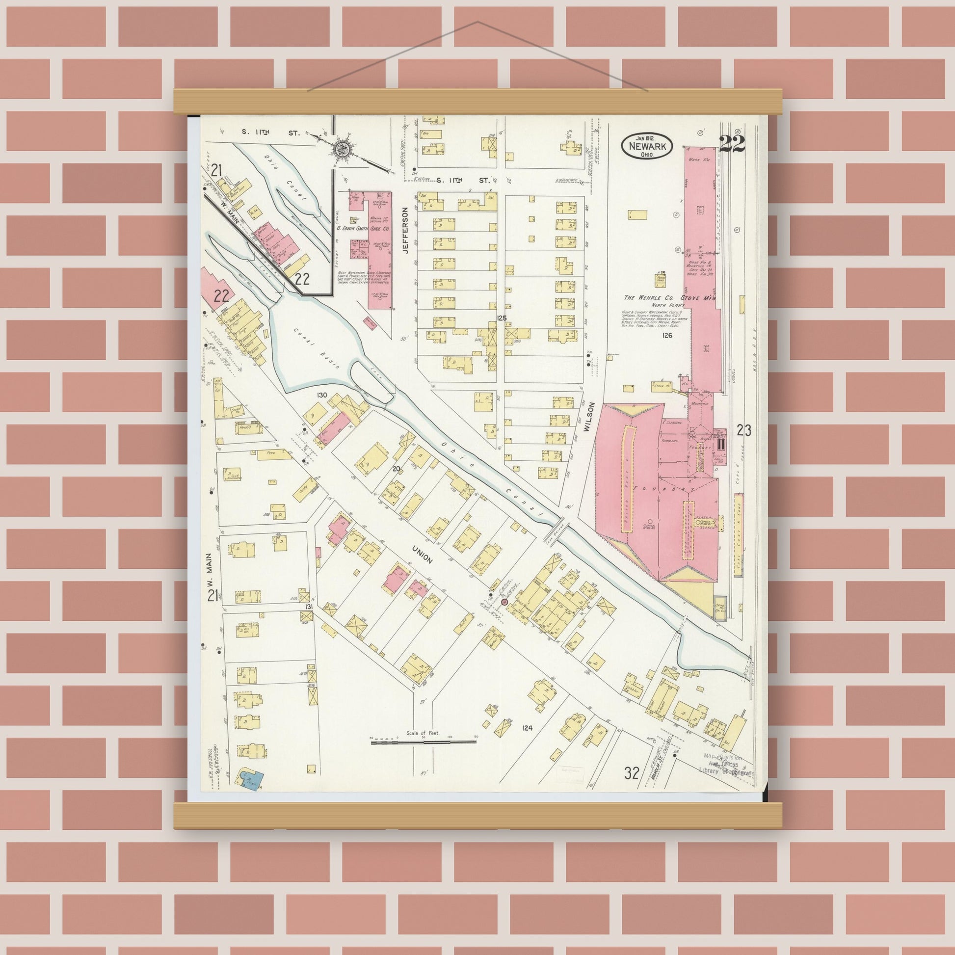 Old map wall art mockup — magnetic wood frame on brick wall — Sanborn Fire Insurance Map from Newark, Licking County, Ohio (1912), Sheet #0022
