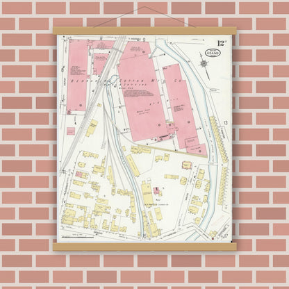 Old map wall art mockup — magnetic wood frame on brick wall — Sanborn Fire Insurance Map from Adams, Berkshire County, Massachusetts (1914), Sheet #0012