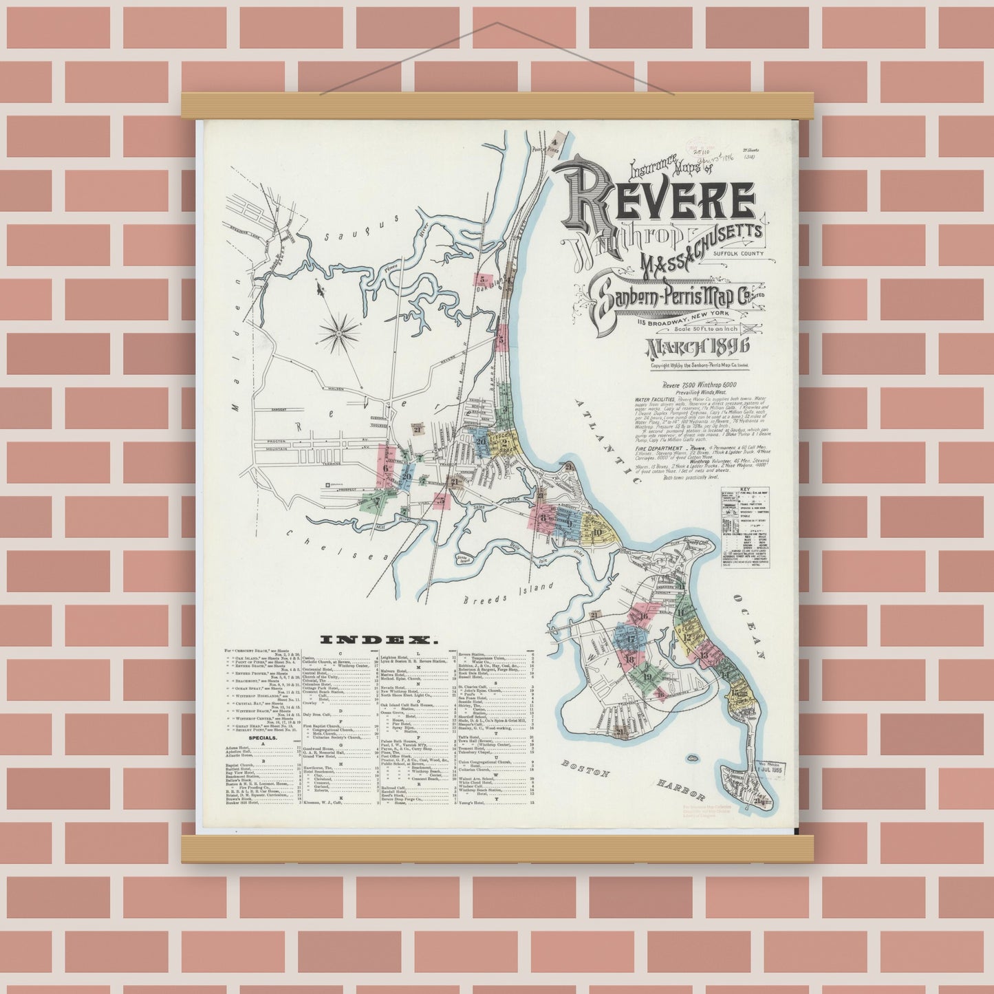 Old map wall art mockup — magnetic wood frame on brick wall — Sanborn Fire Insurance Map from Revere, Suffolk County, Massachusetts (1896), Sheet #0001