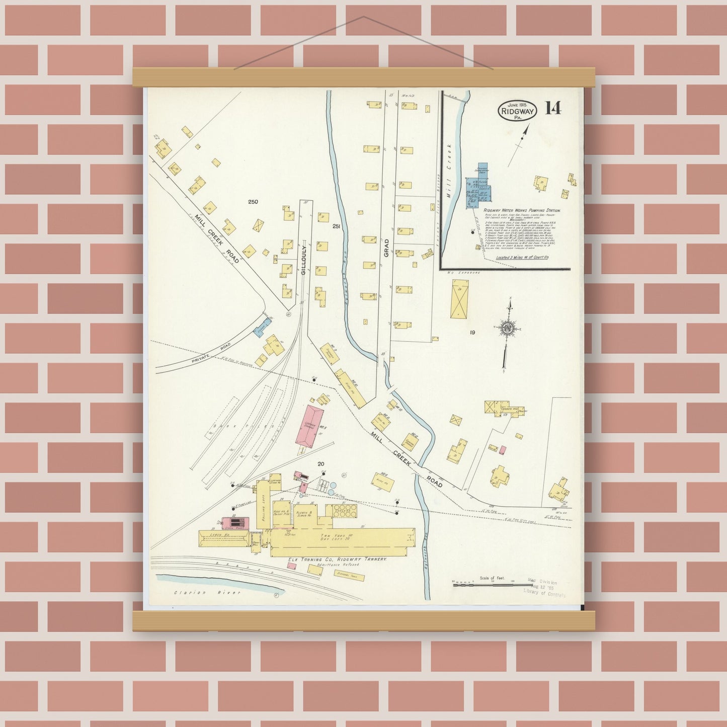 Old map wall art mockup — magnetic wood frame on brick wall — Sanborn Fire Insurance Map from Ridgway, Elk County, Pennsylvania (1915), Sheet #0014