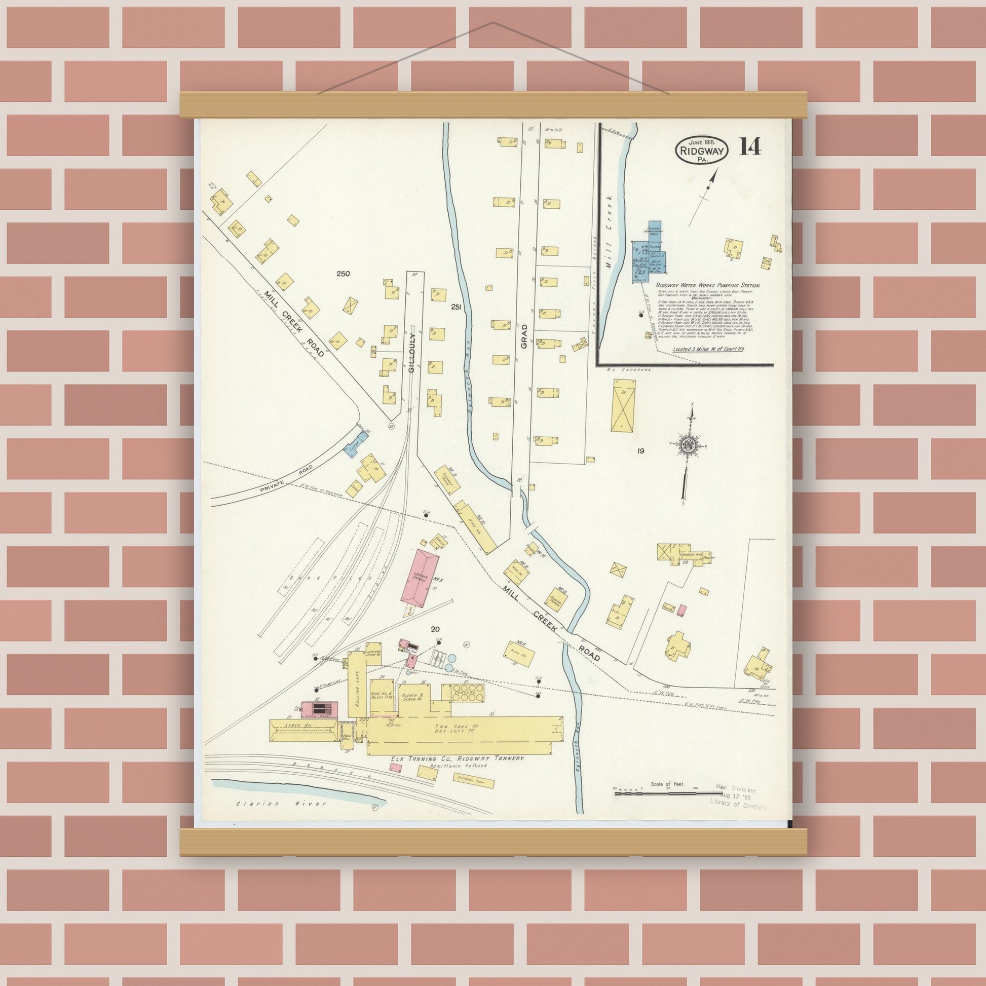 Old map wall art mockup — magnetic wood frame on brick wall — Sanborn Fire Insurance Map from Ridgway, Elk County, Pennsylvania (1915), Sheet #0014