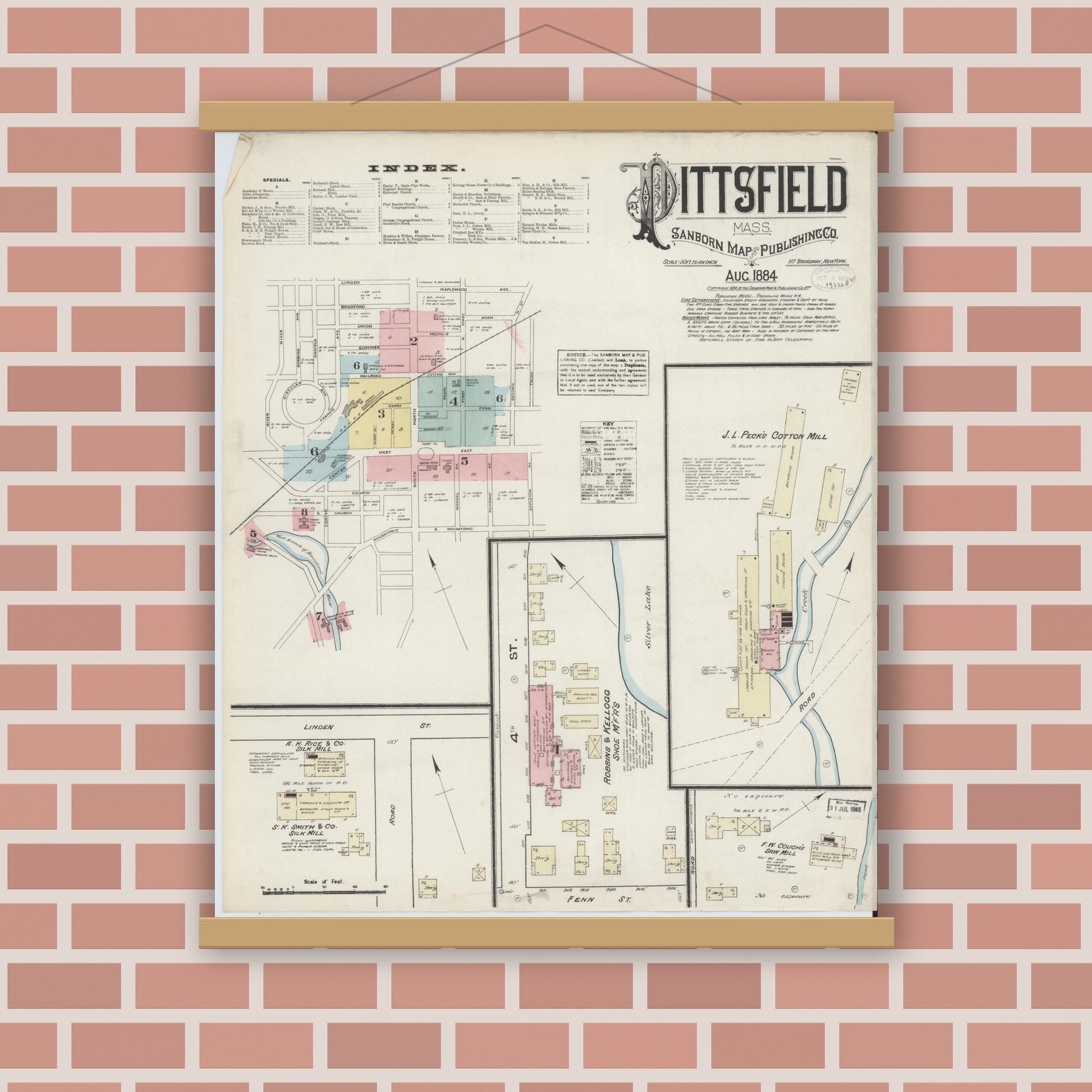 Old map wall art mockup — magnetic wood frame on brick wall — Sanborn Fire Insurance Map from Pittsfield, Berkshire County, Massachusetts (1884) - Complete Map Set