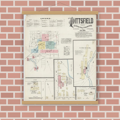 Old map wall art mockup — magnetic wood frame on brick wall — Sanborn Fire Insurance Map from Pittsfield, Berkshire County, Massachusetts (1884) - Complete Map Set