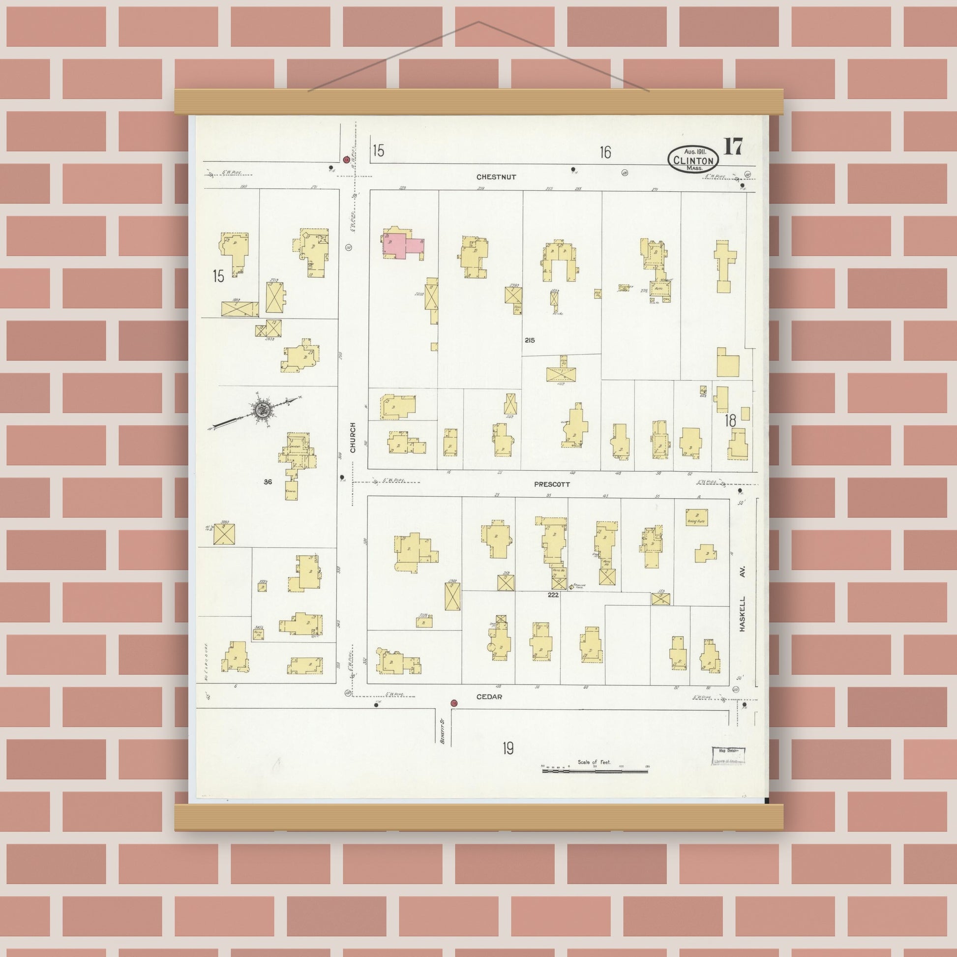 Old map wall art mockup — magnetic wood frame on brick wall — Sanborn Fire Insurance Map from Clinton, Worcester County, Massachusetts (1911), Sheet #0017