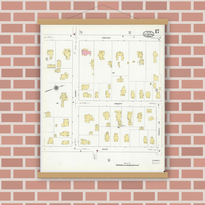 Old map wall art mockup — magnetic wood frame on brick wall — Sanborn Fire Insurance Map from Clinton, Worcester County, Massachusetts (1911), Sheet #0017