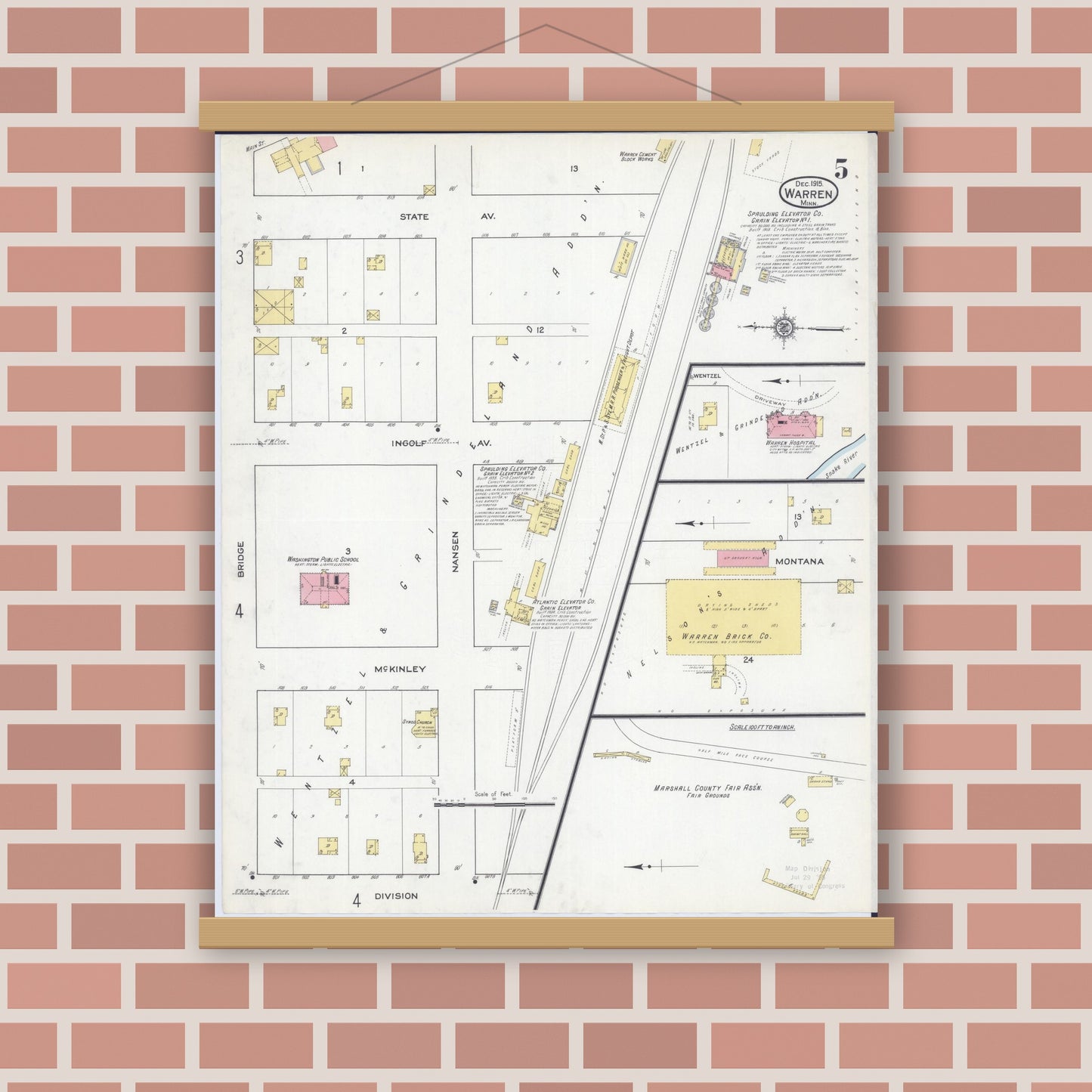 Old map wall art mockup — magnetic wood frame on brick wall — Sanborn Fire Insurance Map from Warren, Marshall County, Minnesota (1915), Sheet #0005