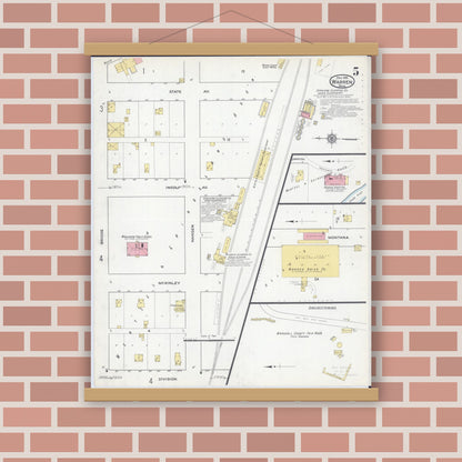 Old map wall art mockup — magnetic wood frame on brick wall — Sanborn Fire Insurance Map from Warren, Marshall County, Minnesota (1915), Sheet #0005
