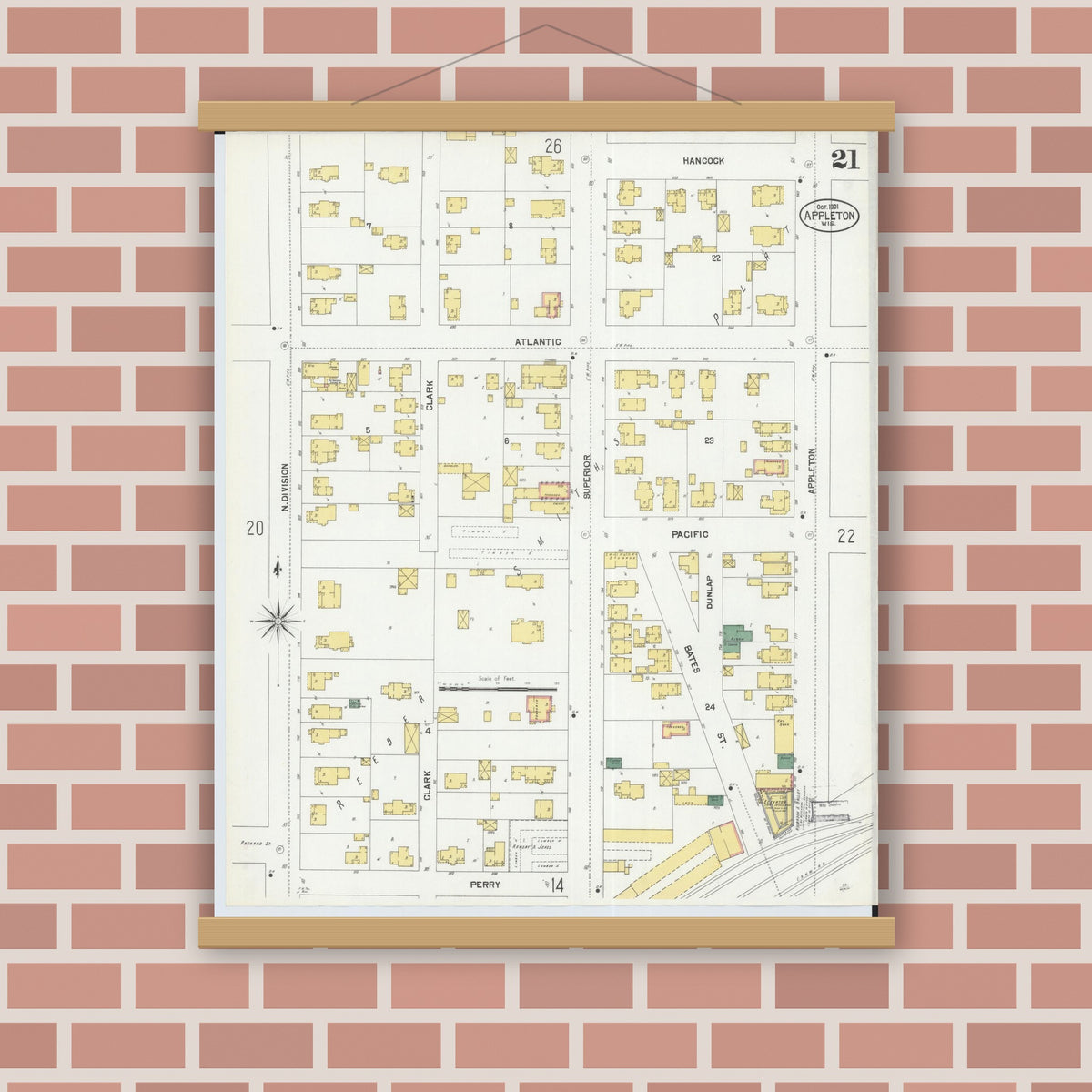 Old map wall art mockup — magnetic wood frame on brick wall — Sanborn Fire Insurance Map from Appleton, Outagamie County, Wisconsin (1901), Sheet #0021