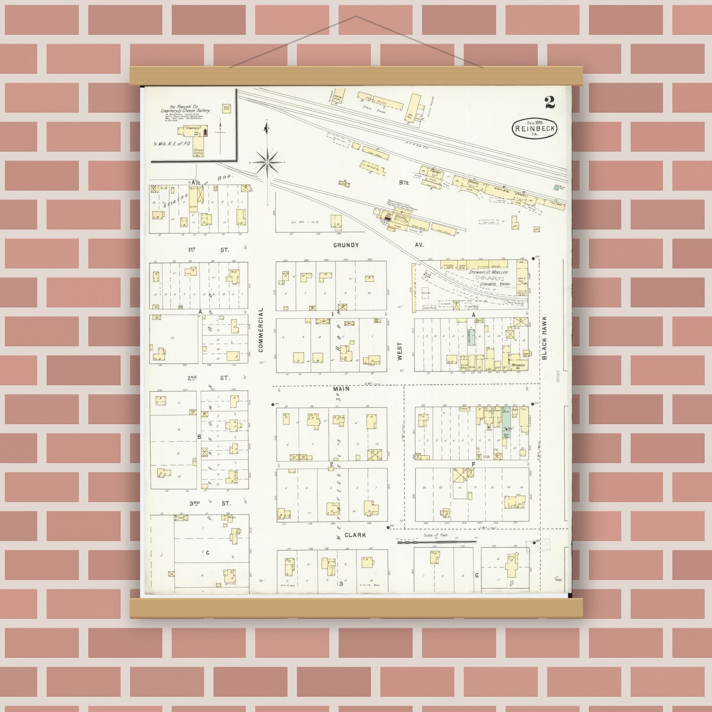 Old map wall art mockup — magnetic wood frame on brick wall — Sanborn Fire Insurance Map from Reinbeck, Grundy County, Iowa (1895), Sheet #0002