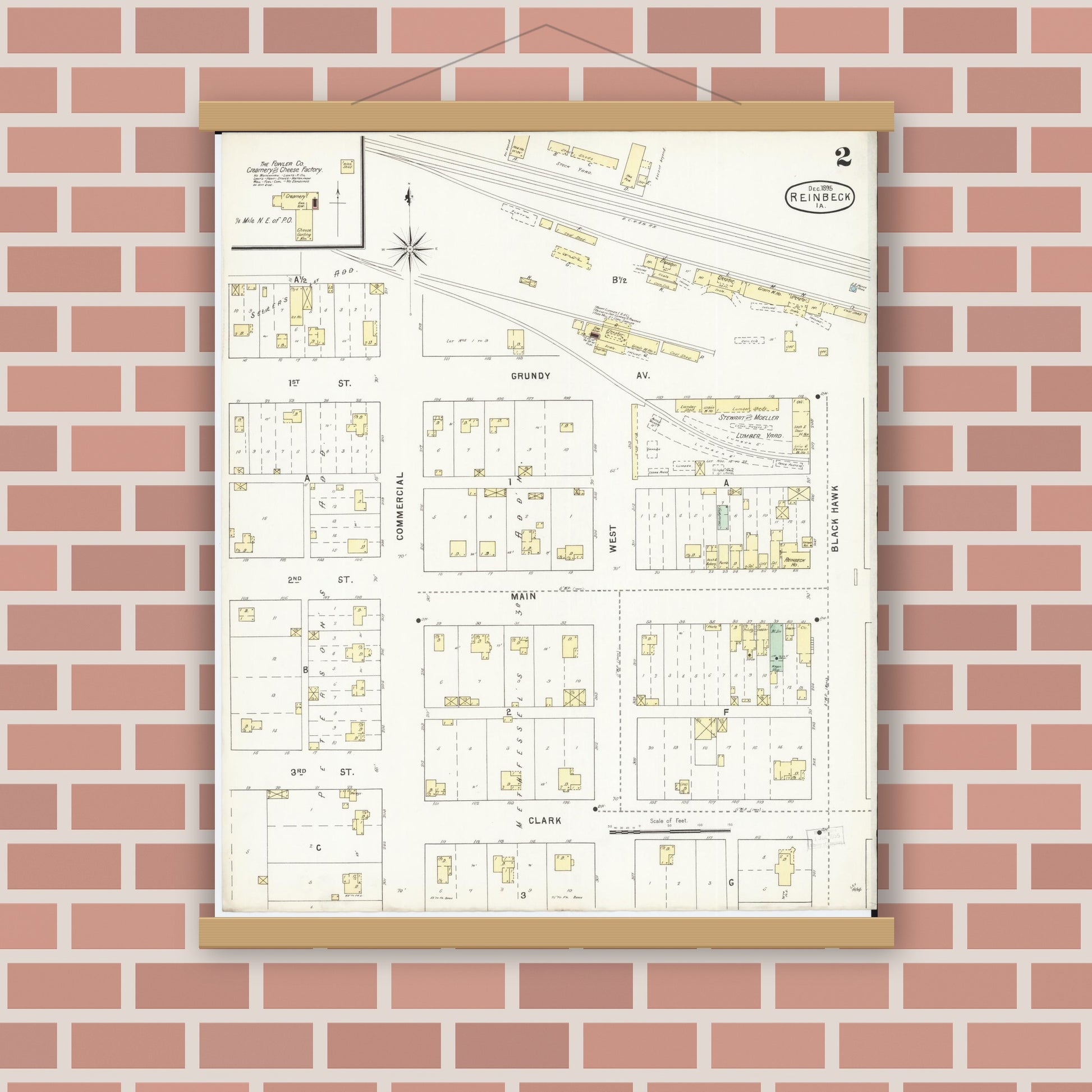 Old map wall art mockup — magnetic wood frame on brick wall — Sanborn Fire Insurance Map from Reinbeck, Grundy County, Iowa (1895), Sheet #0002