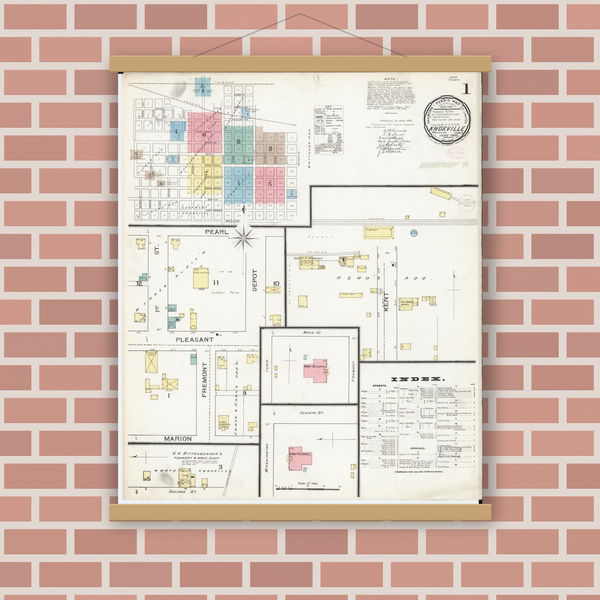 Old map wall art mockup — magnetic wood frame on brick wall — Sanborn Fire Insurance Map from Knoxville, Marion County, Iowa (1893) â€” Complete Set