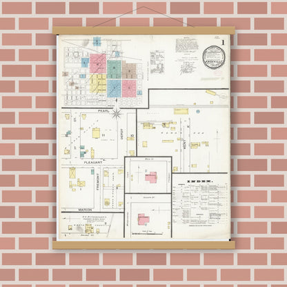 Old map wall art mockup — magnetic wood frame on brick wall — Sanborn Fire Insurance Map from Knoxville, Marion County, Iowa (1893) â€” Complete Set