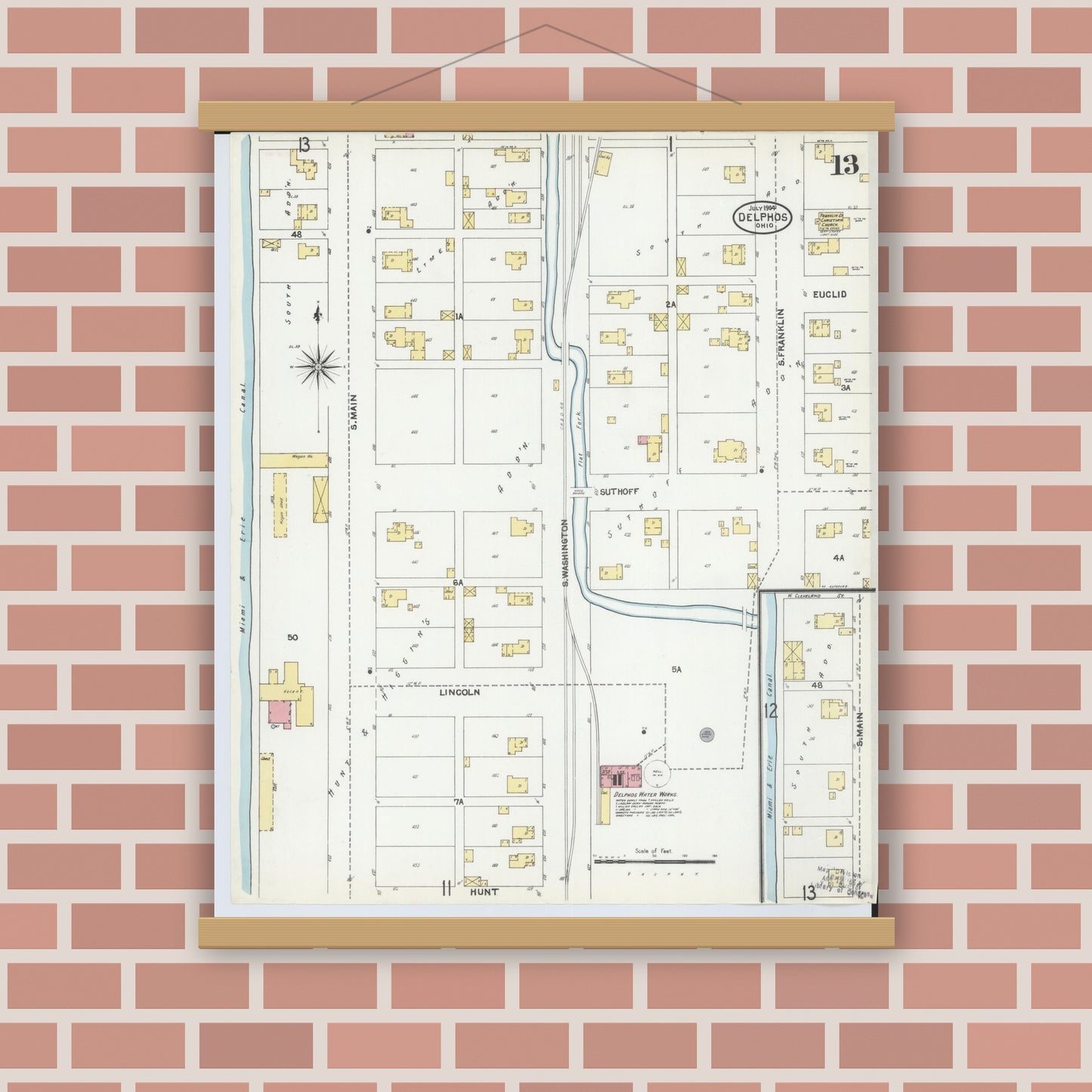 Old map wall art mockup — magnetic wood frame on brick wall — Sanborn Fire Insurance Map from Delphos, Van Wert And Allen Counties, Ohio (1904), Sheet #0013