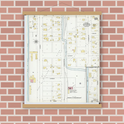 Old map wall art mockup — magnetic wood frame on brick wall — Sanborn Fire Insurance Map from Delphos, Van Wert And Allen Counties, Ohio (1904), Sheet #0013
