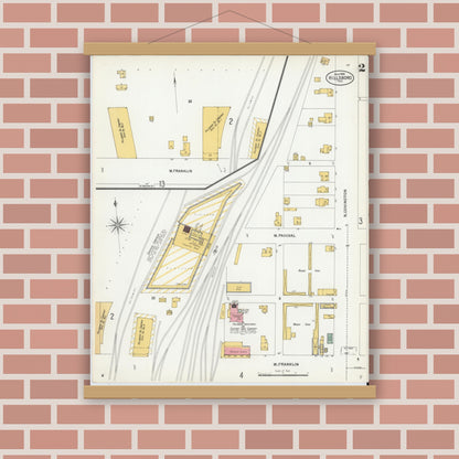 Old map wall art mockup — magnetic wood frame on brick wall — Sanborn Fire Insurance Map from Hillsboro, Hill County, Texas (1900), Sheet #0002