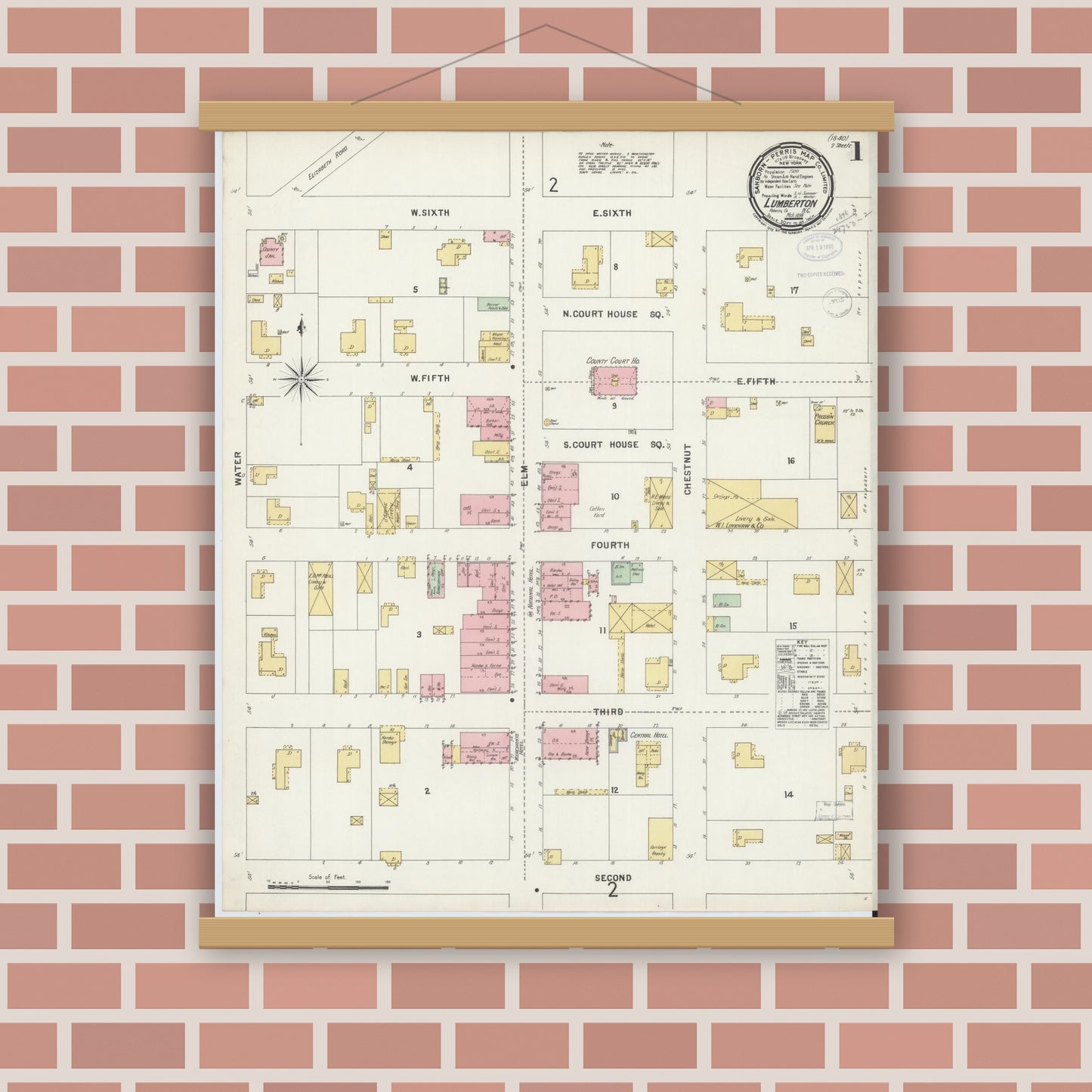 Old map wall art mockup — magnetic wood frame on brick wall — Sanborn Fire Insurance Map from Lumberton, Robeson County, North Carolina (1898) - Complete Map Set