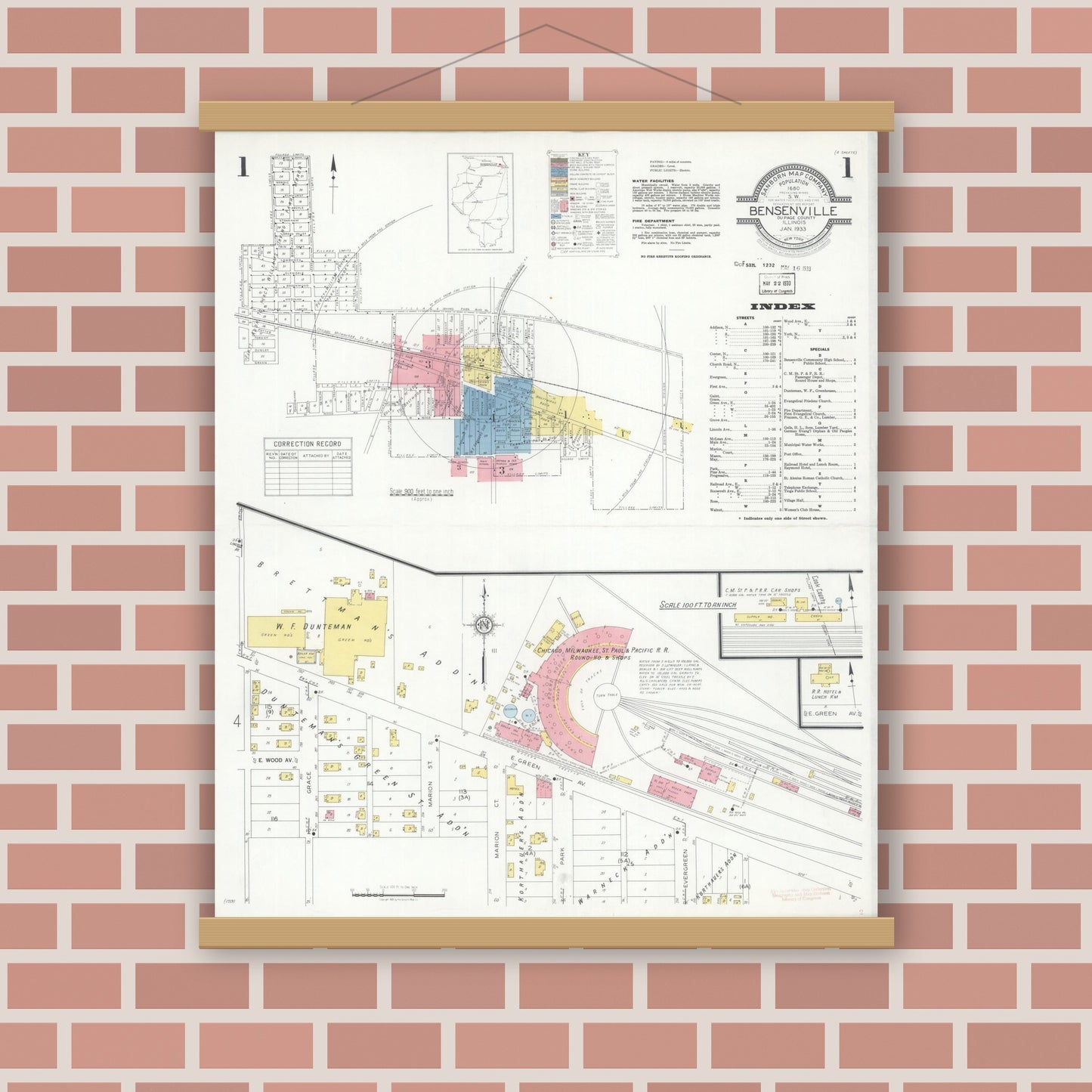 Old map wall art mockup — magnetic wood frame on brick wall — Sanborn Fire Insurance Map from Bensenville, Dupage County, Illinois (1933), Sheet #0001