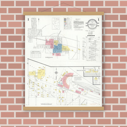 Old map wall art mockup — magnetic wood frame on brick wall — Sanborn Fire Insurance Map from Bensenville, Dupage County, Illinois (1933), Sheet #0001