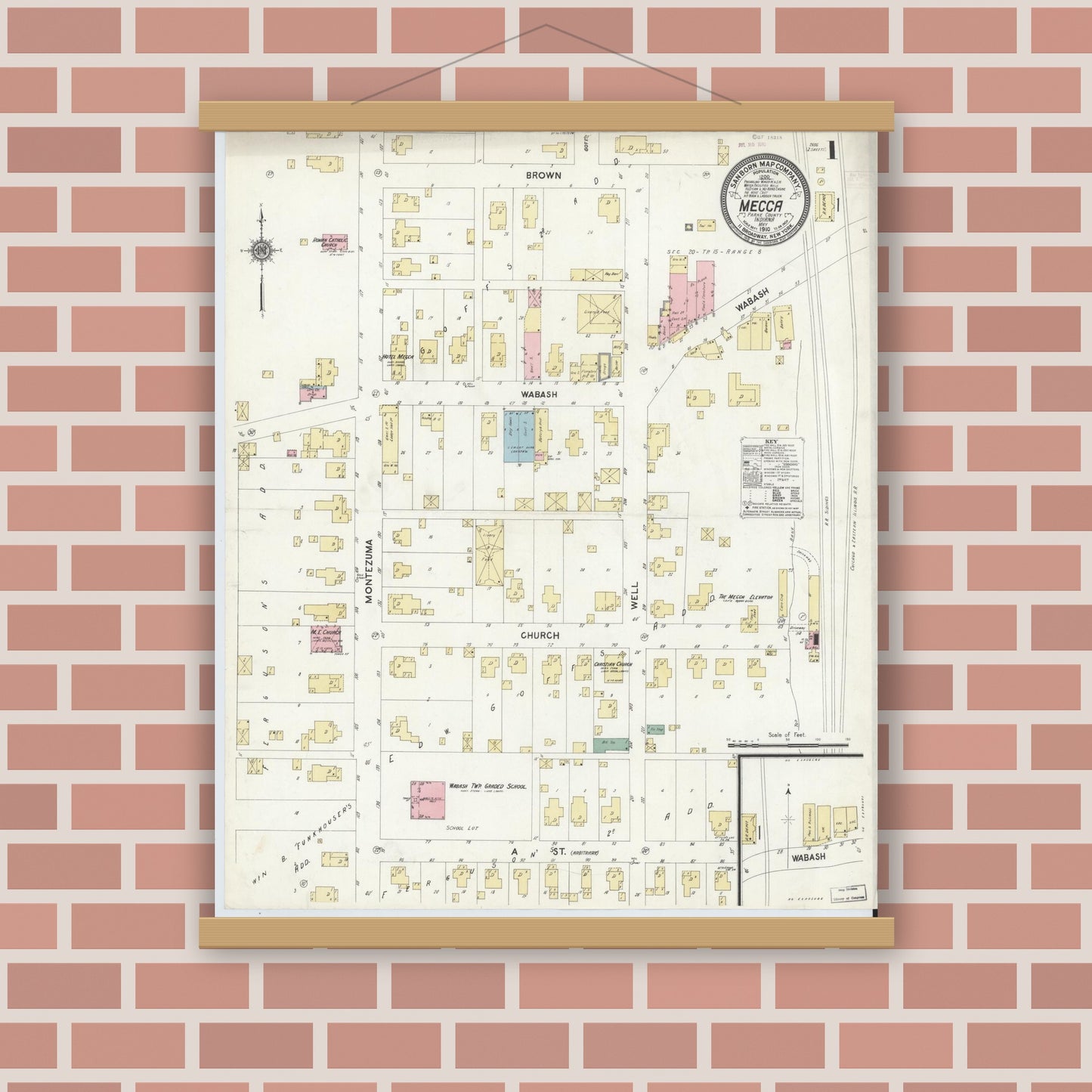 Old map wall art mockup — magnetic wood frame on brick wall — Sanborn Fire Insurance Map from Mecca, Parke County, Indiana (1910) - Complete Map Set