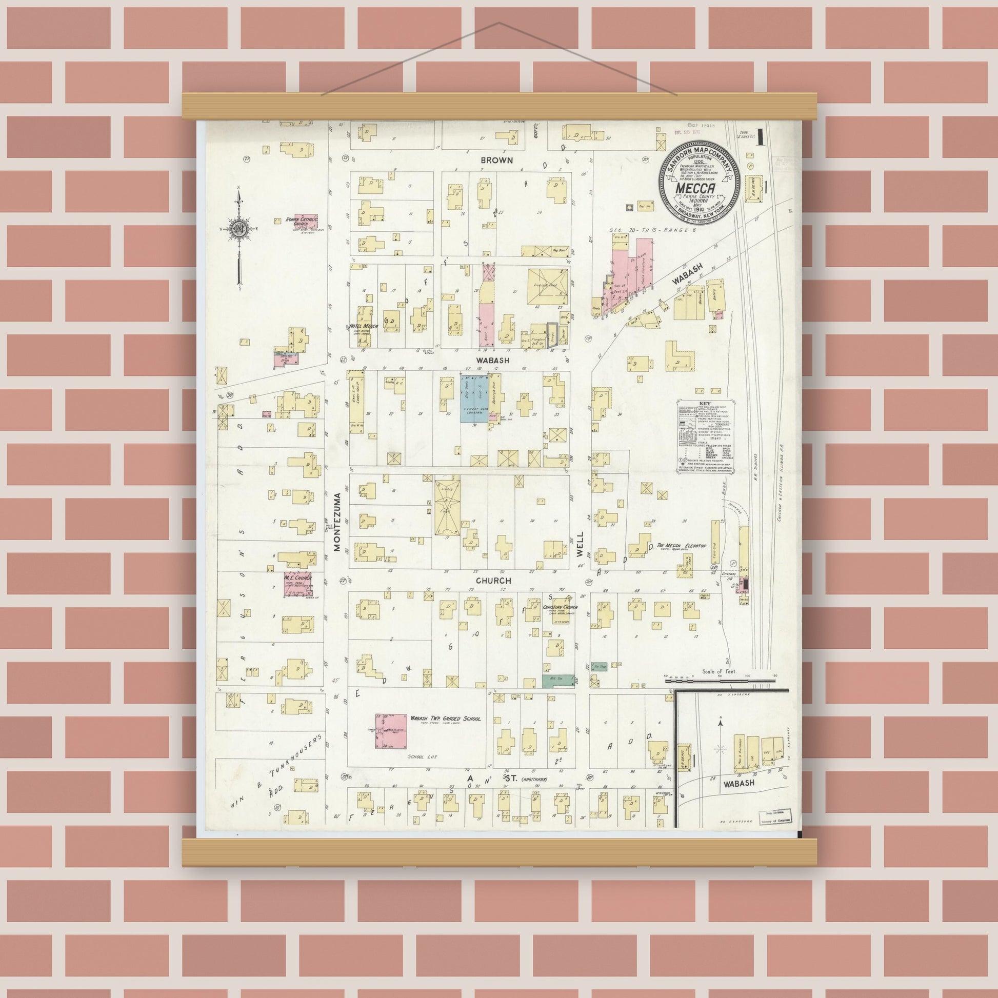 Old map wall art mockup — magnetic wood frame on brick wall — Sanborn Fire Insurance Map from Mecca, Parke County, Indiana (1910) - Complete Map Set