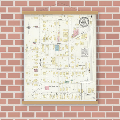 Old map wall art mockup — magnetic wood frame on brick wall — Sanborn Fire Insurance Map from Mecca, Parke County, Indiana (1910) - Complete Map Set