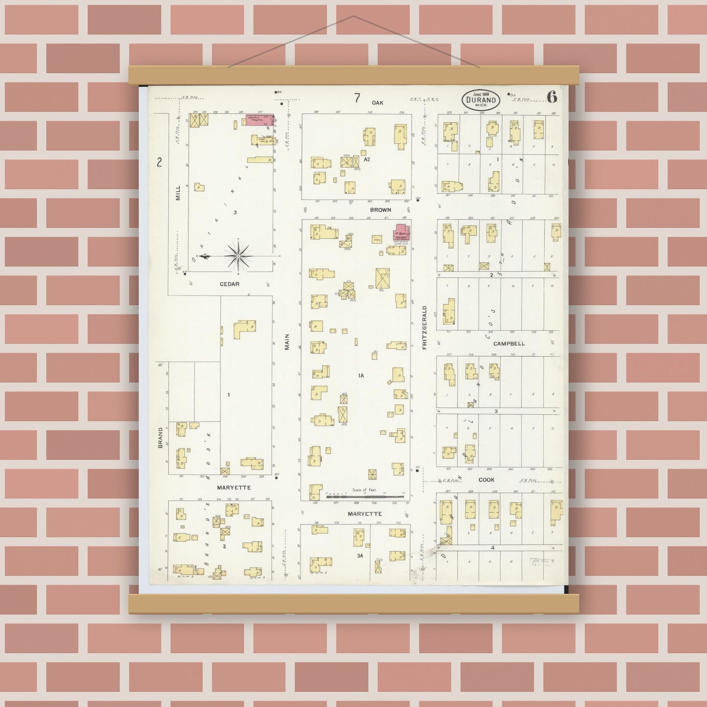 Old map wall art mockup — magnetic wood frame on brick wall — Sanborn Fire Insurance Map from Durand, Shiawassee County, Michigan (1908), Sheet #0006