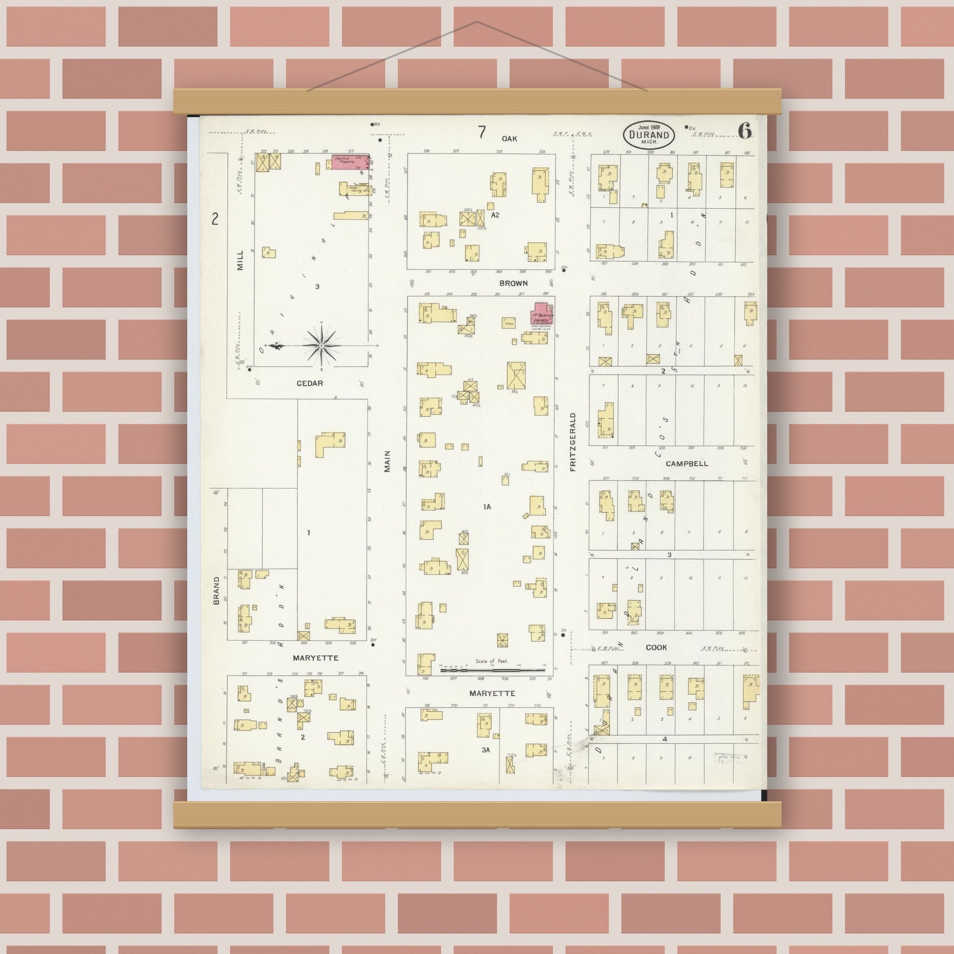 Old map wall art mockup — magnetic wood frame on brick wall — Sanborn Fire Insurance Map from Durand, Shiawassee County, Michigan (1908), Sheet #0006