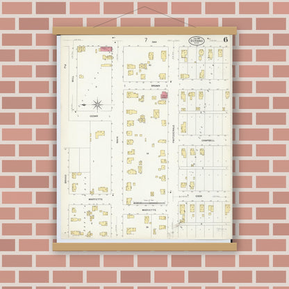 Old map wall art mockup — magnetic wood frame on brick wall — Sanborn Fire Insurance Map from Durand, Shiawassee County, Michigan (1908), Sheet #0006