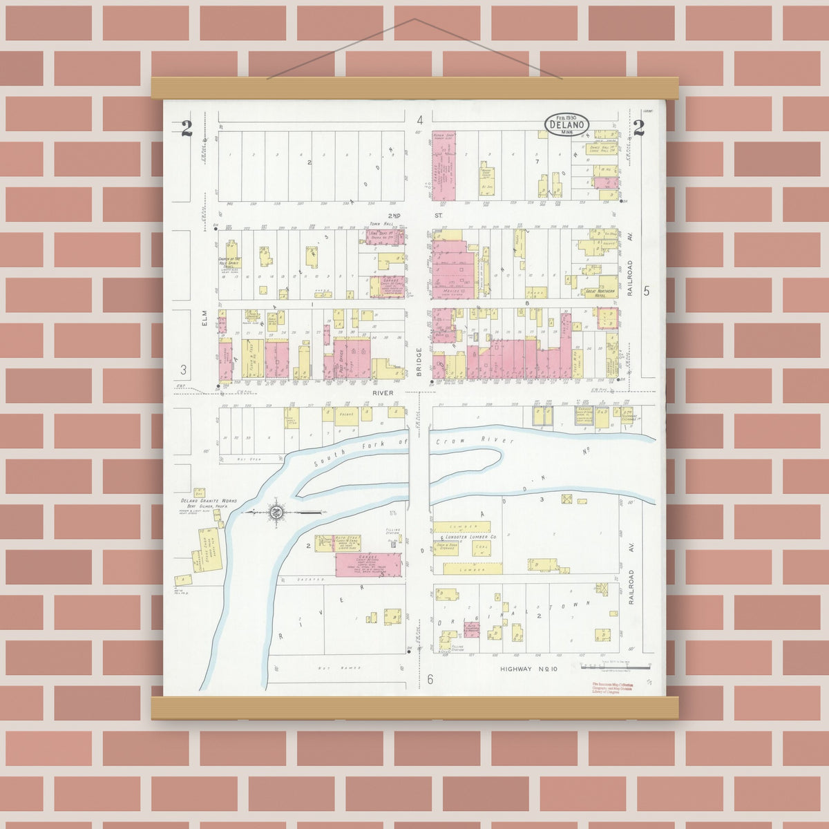 Old map wall art mockup — magnetic wood frame on brick wall — Sanborn Fire Insurance Map from Delano, Wright County, Minnesota (1930), Sheet #0002