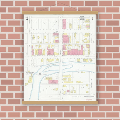 Old map wall art mockup — magnetic wood frame on brick wall — Sanborn Fire Insurance Map from Delano, Wright County, Minnesota (1930), Sheet #0002