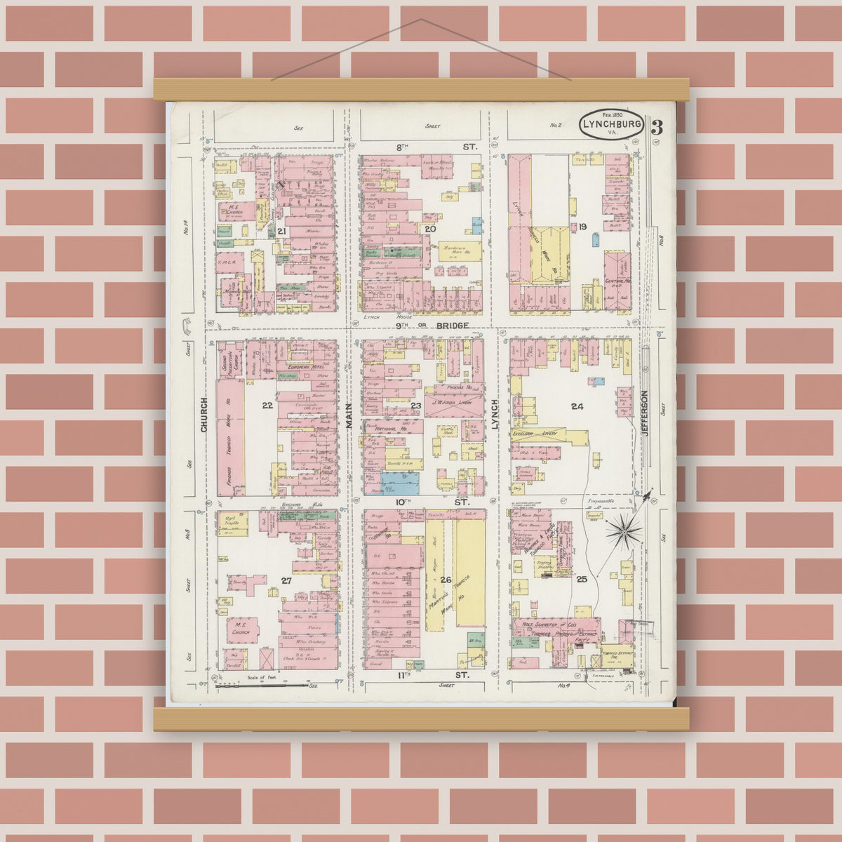 Old map wall art mockup — magnetic wood frame on brick wall — Sanborn Fire Insurance Map from Lynchburg, Independent Cities, Virginia (1890), Sheet #0003