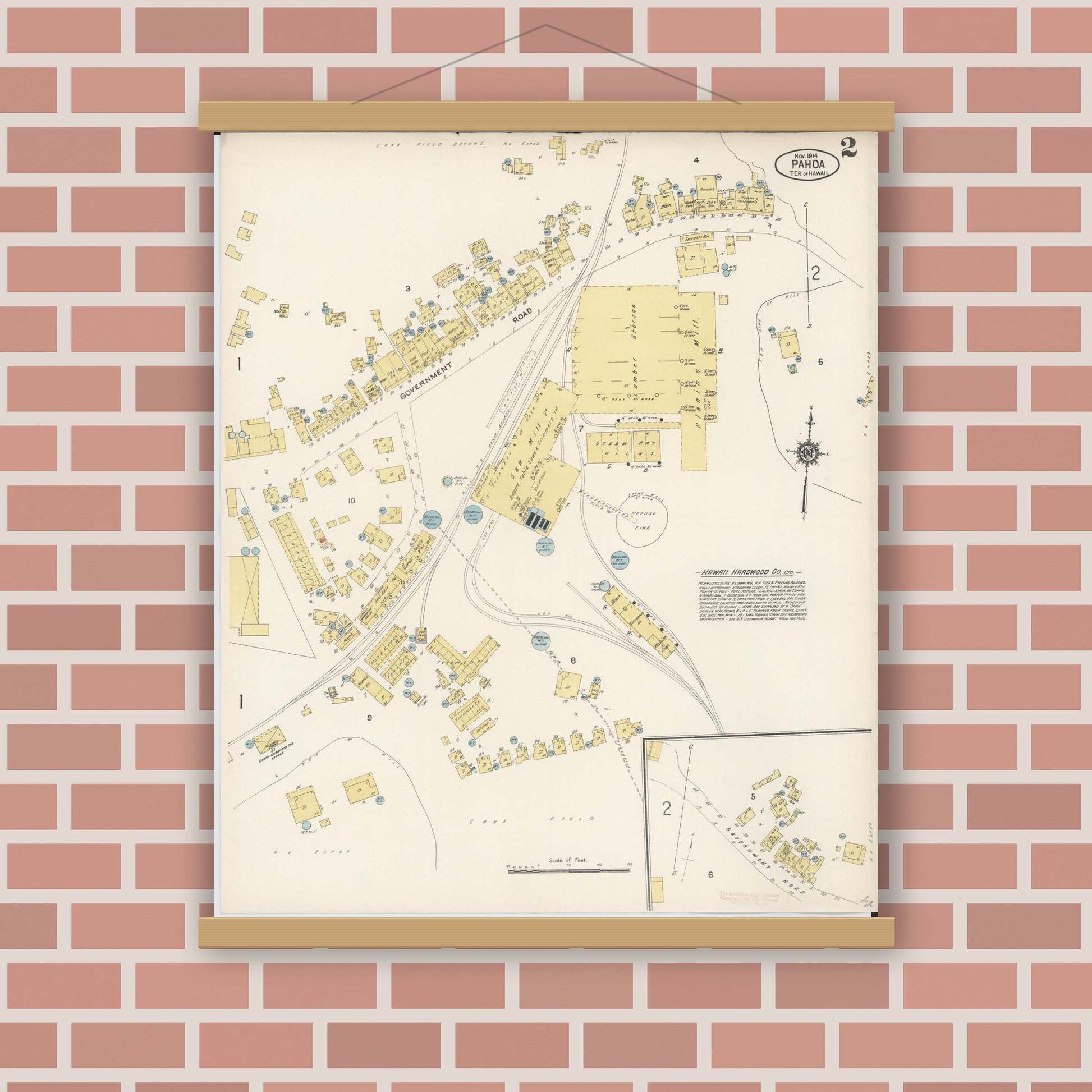 Old map wall art mockup — magnetic wood frame on brick wall — Sanborn Fire Insurance Map from Pahoa, Hawaii County, Hawaii (1914), Sheet #0002