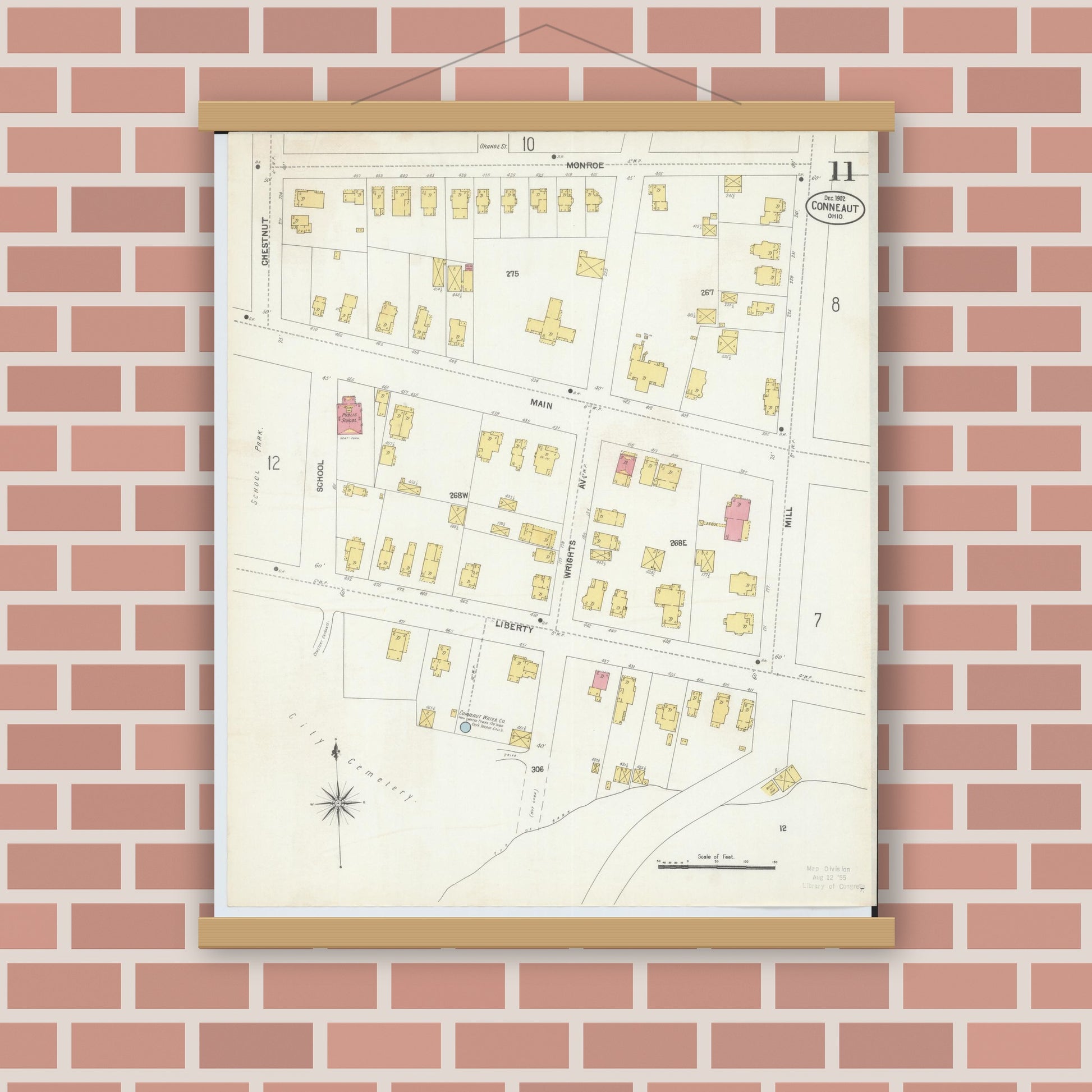 Old map wall art mockup — magnetic wood frame on brick wall — Sanborn Fire Insurance Map from Conneaut, Ashtabula County, Ohio (1902), Sheet #0011