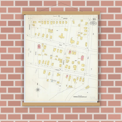 Old map wall art mockup — magnetic wood frame on brick wall — Sanborn Fire Insurance Map from Conneaut, Ashtabula County, Ohio (1902), Sheet #0011