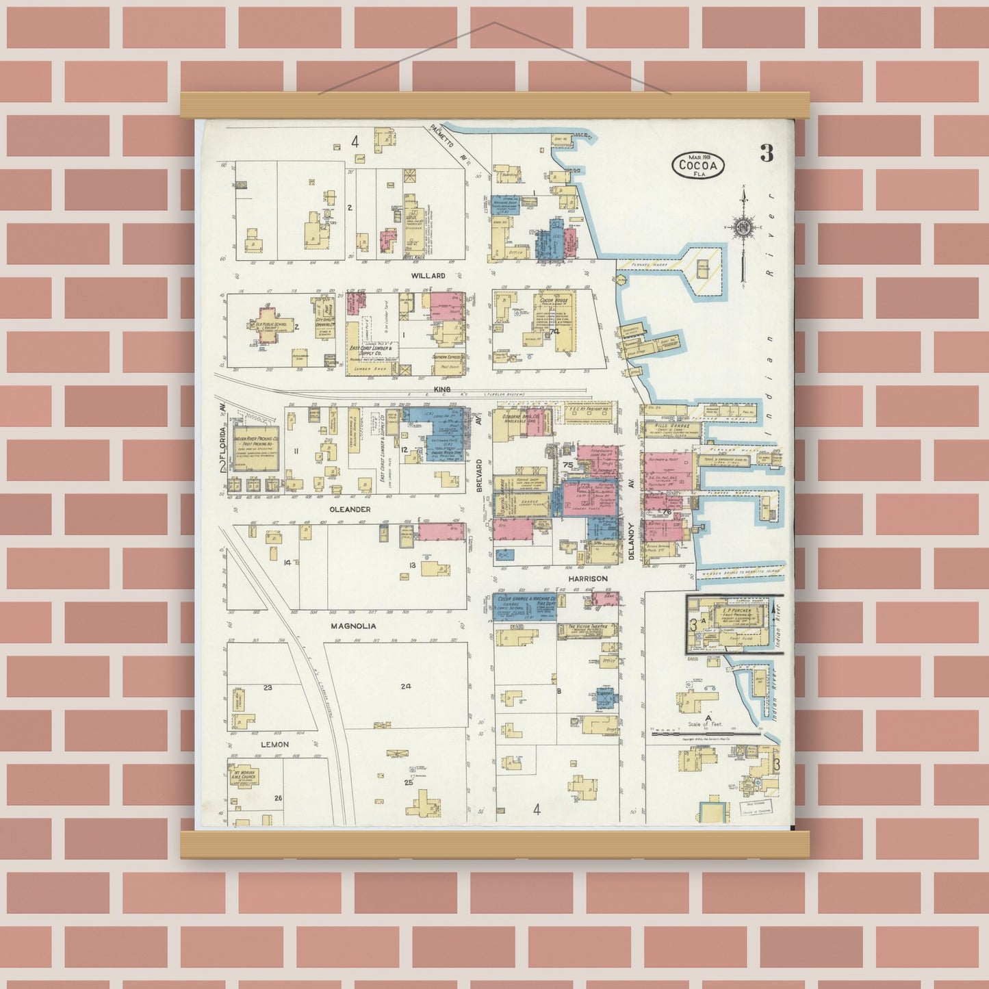 Old map wall art mockup — magnetic wood frame on brick wall — Sanborn Fire Insurance Map from Cocoa, Brevard County, Florida (1919), Sheet #0003