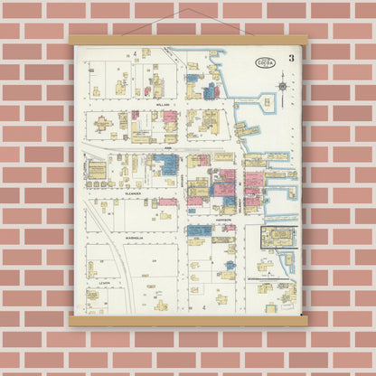 Old map wall art mockup — magnetic wood frame on brick wall — Sanborn Fire Insurance Map from Cocoa, Brevard County, Florida (1919), Sheet #0003