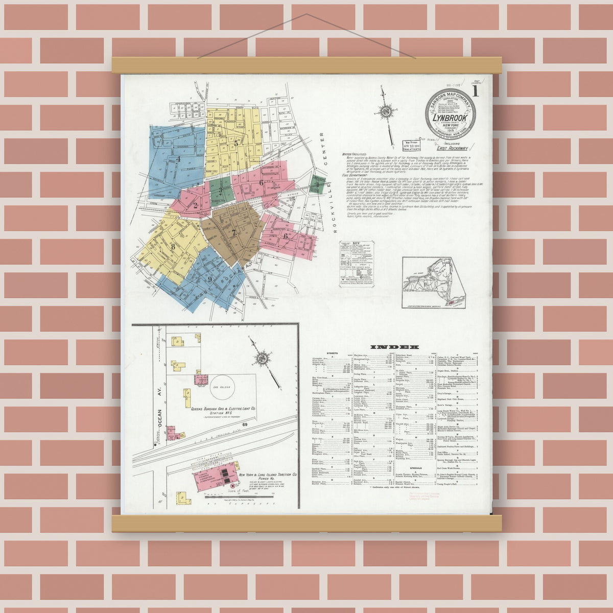 Old map wall art mockup — magnetic wood frame on brick wall — Sanborn Fire Insurance Map from Lynbrook, Nassau County, New York (1919) - Complete Map Set