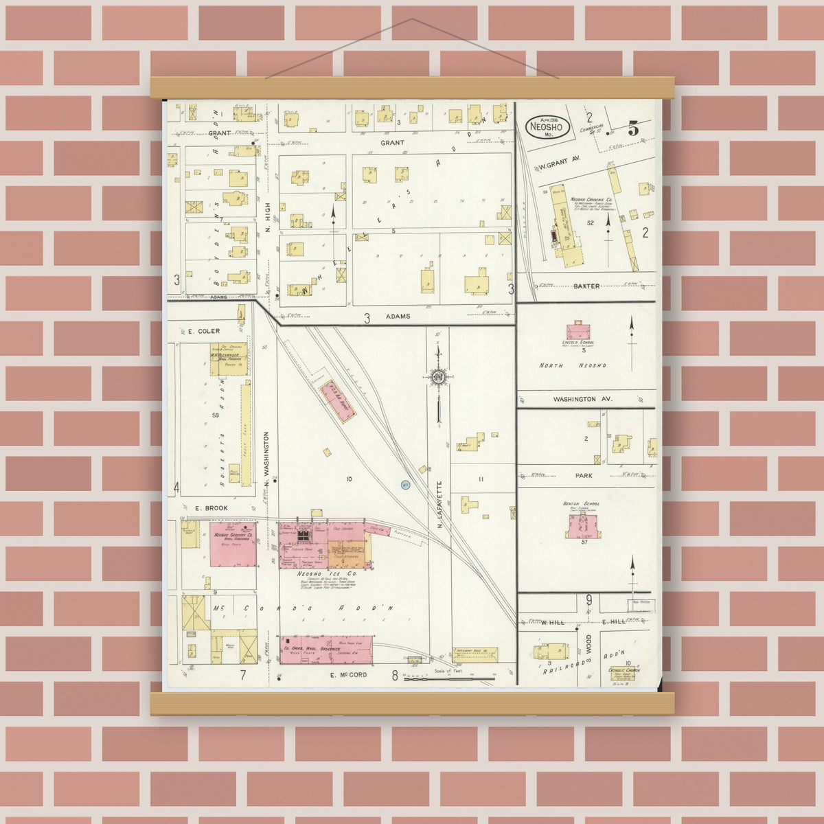 Old map wall art mockup — magnetic wood frame on brick wall — Sanborn Fire Insurance Map from Neosho, Newton County, Missouri (1916), Sheet #0005