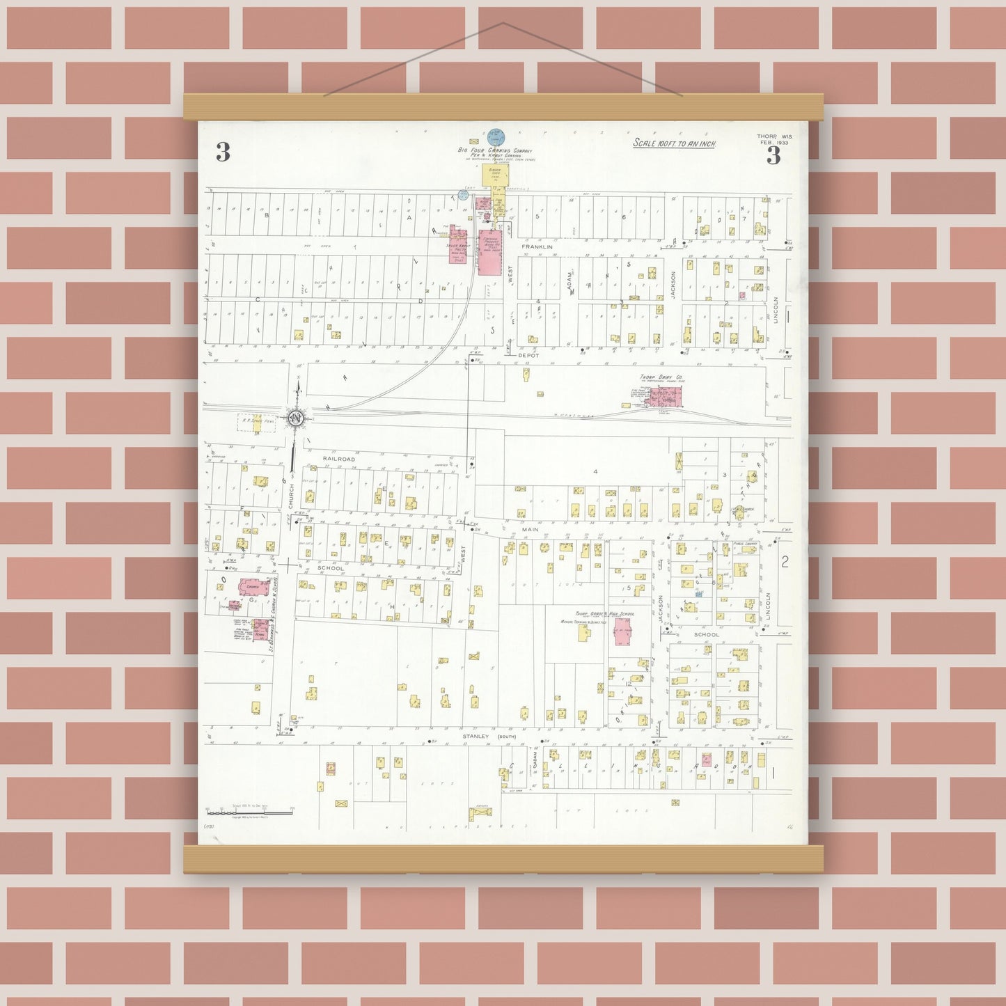 Old map wall art mockup — magnetic wood frame on brick wall — Sanborn Fire Insurance Map from Thorpe, Clark County, Wisconsin (1933), Sheet #0003