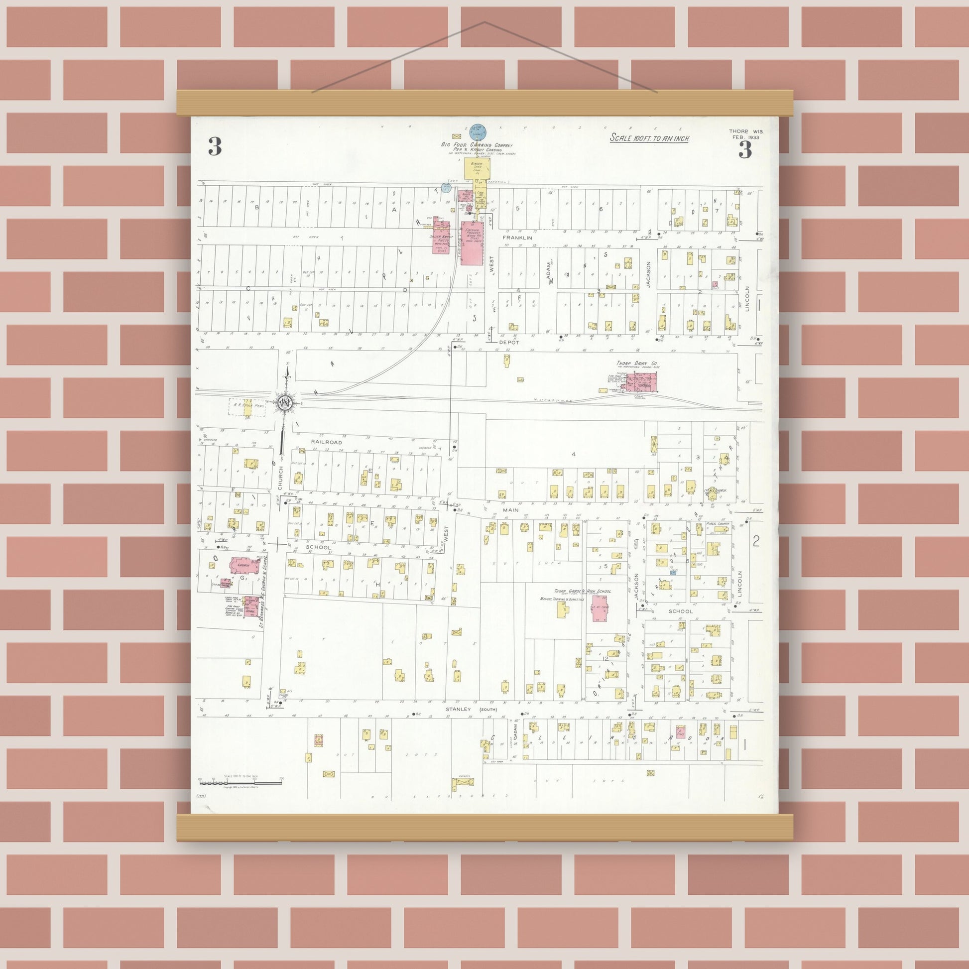 Old map wall art mockup — magnetic wood frame on brick wall — Sanborn Fire Insurance Map from Thorpe, Clark County, Wisconsin (1933), Sheet #0003