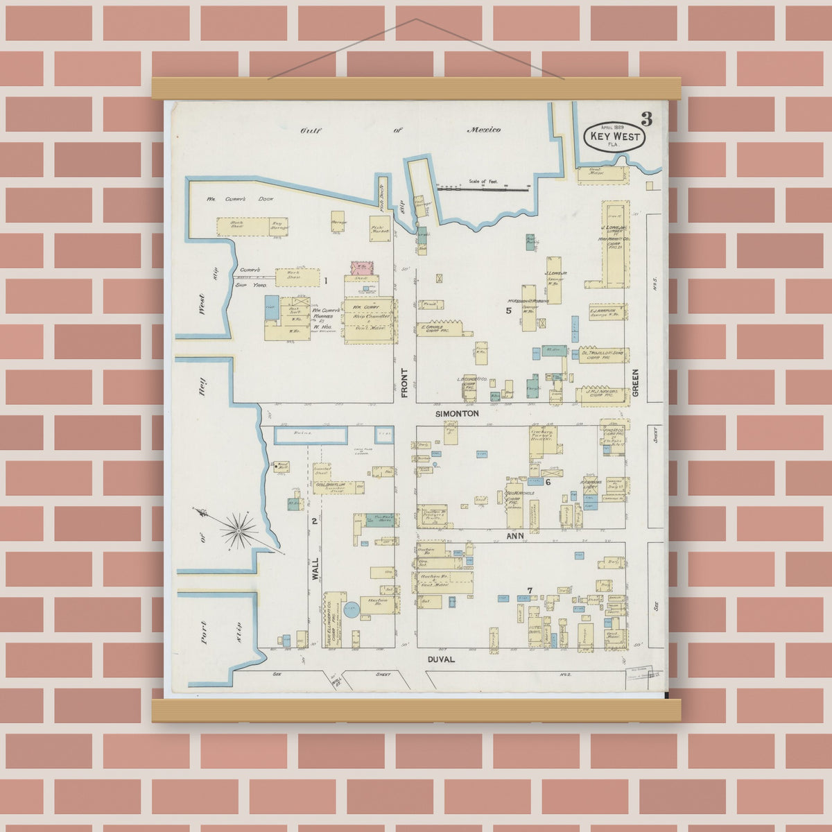 Old map wall art mockup — magnetic wood frame on brick wall — Sanborn Fire Insurance Map from Key West, Monroe County, Florida (1889), Sheet #0003