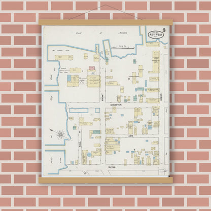 Old map wall art mockup — magnetic wood frame on brick wall — Sanborn Fire Insurance Map from Key West, Monroe County, Florida (1889), Sheet #0003